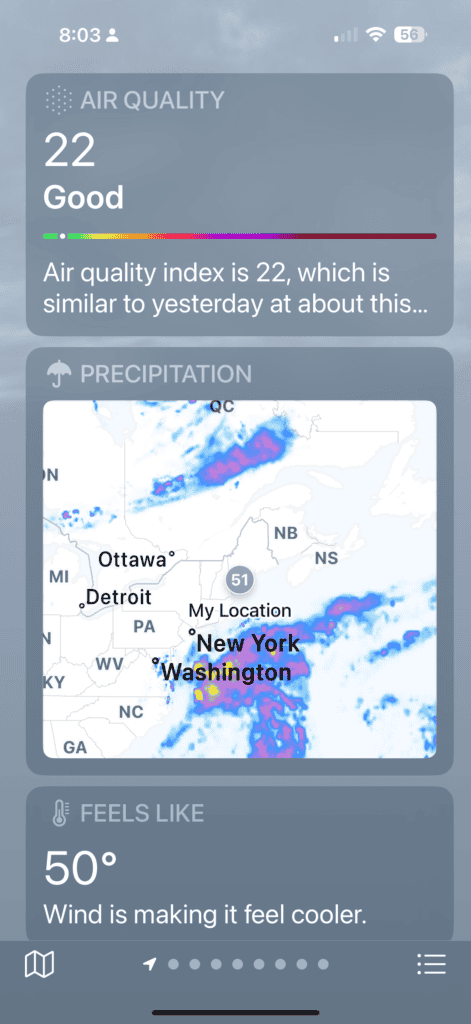 Screenshot of weather app on iPhone showing AQI in Freeport, ME