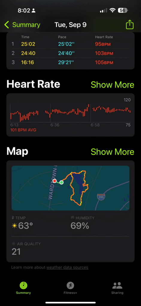 Screenshot of iPhoto Fitness app showing AQI in Freeport, Maine