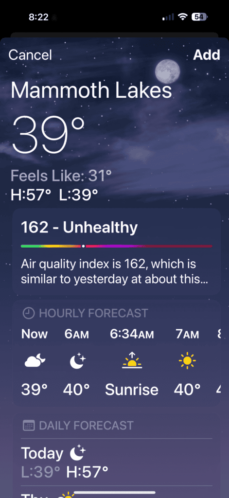 Screenshot of iPhone weather app showing AQI in Mammoth Lakes, California
