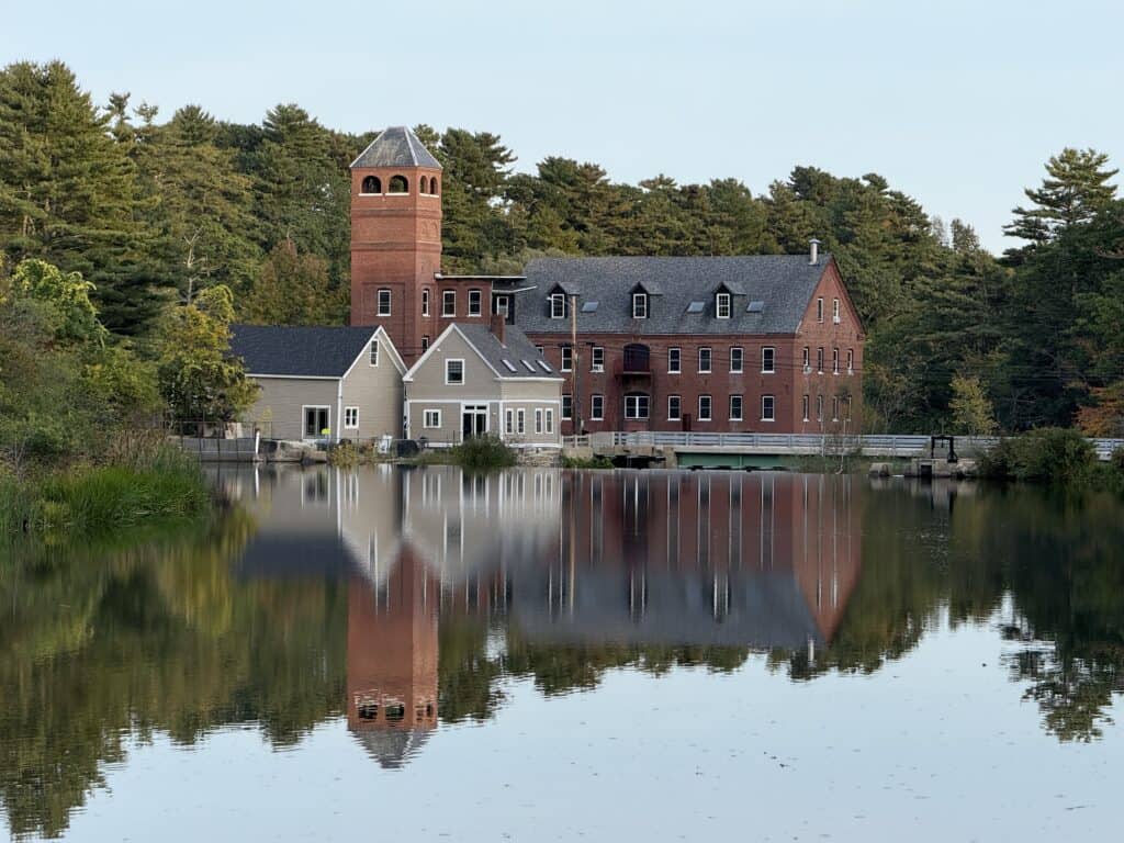 The old mill as seen from Royal River Park in Yarmouth, Maine.