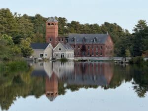 The old mill as seen from Royal River Park in Yarmouth, Maine.