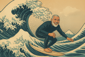 Cartoon Illustration of Garrett McNamara surfing.