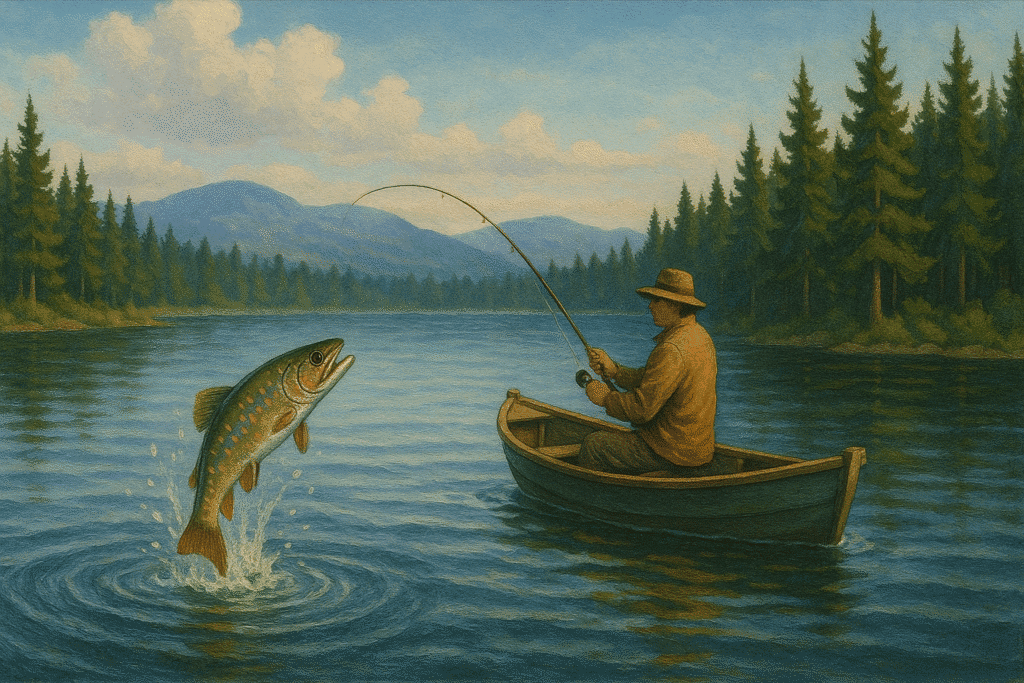 Illustration of a man fishing for trout on a Maine lake.