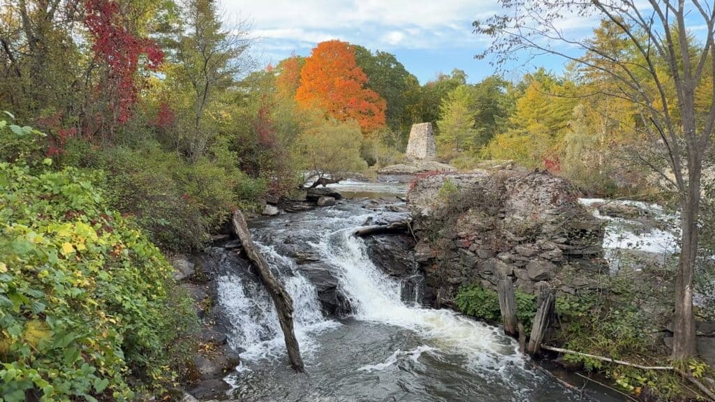 A picture of the old paper mill in Royal River Park in Yarmouth, Maine taken in the fall of 2025