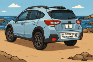 Blue Subaru with bumper sticker that reads - "The closer you get, the slower I go."