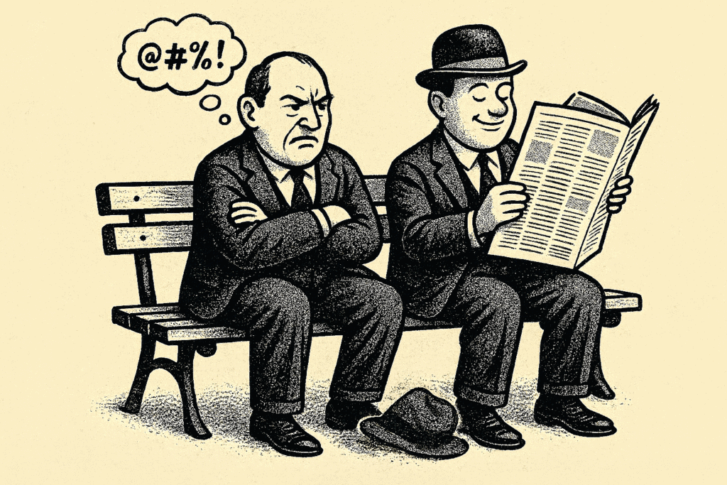 Cartoon of two men sitting on a bench. One with a crushed hat who is fuming.