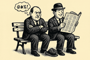Cartoon of two men sitting on a bench. One with a crushed hat who is fuming.