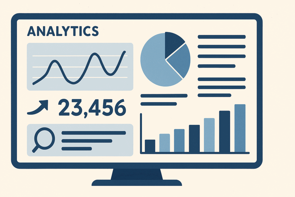 Illustrated cartoon digital marketing analytics dashboard.