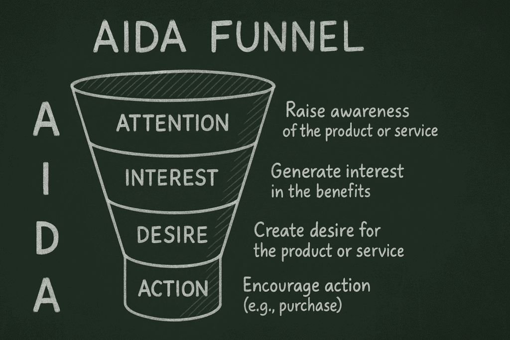 Basic AIDA Funnel. hand drawn chalkboard style