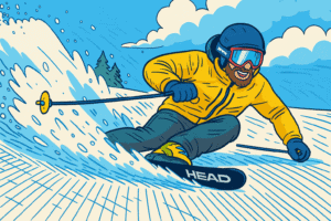Illustration of Ted Ligety going rail on edge.