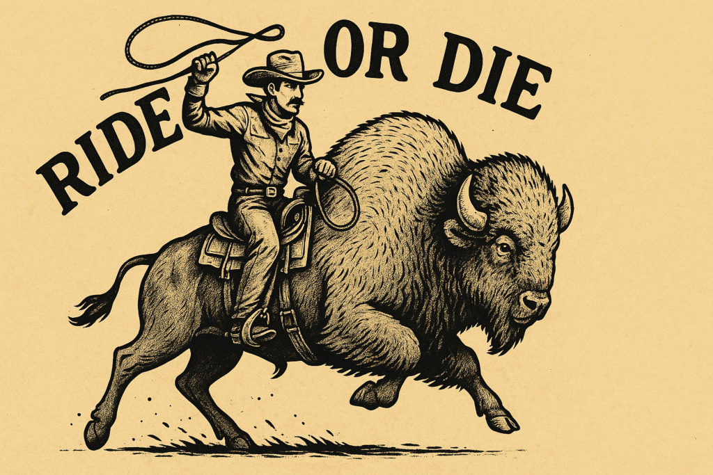 "Ride or Die" illustration of cowboy on a bison