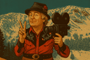 Illustration of Greg Stump with video camera posting in from of Bridger Bowl, Montana