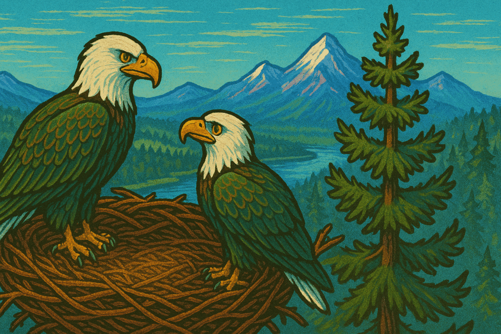 Illustration of two eagles in a nest in Montana