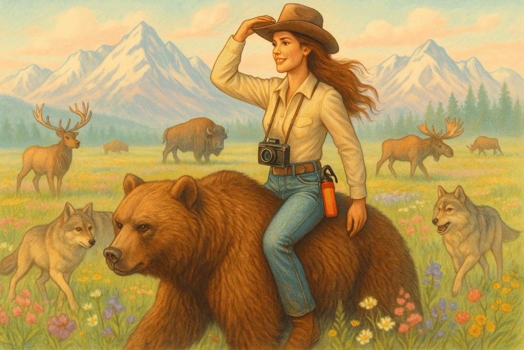 The Wild Woman MT riding a Grizzly bear and surrounded by wolves, wildflowers and mountains.