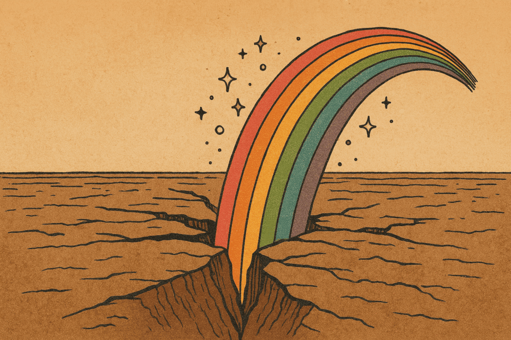 Earth cracking with rainbow emerging symbolizing creative energy being release by new technology tools.