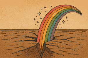 Earth cracking with rainbow emerging symbolizing creative energy being release by new technology tools.