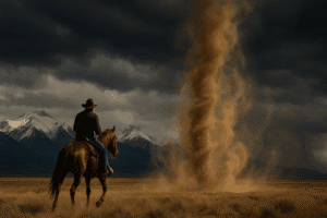 Overcoming doubters. A cowboy riding into the storm.