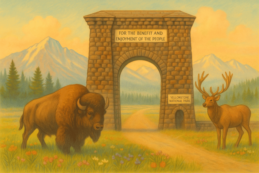 The Roosevelt Arch at the North Entrance of Yellowstone with an elk and a bison/buffalo.