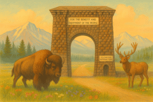 The Roosevelt Arch at the North Entrance of Yellowstone with an elk and a bison/buffalo.