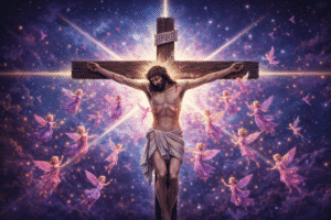 Jesus on the cross surrounded by pink angels or 'fairies' if you will it.